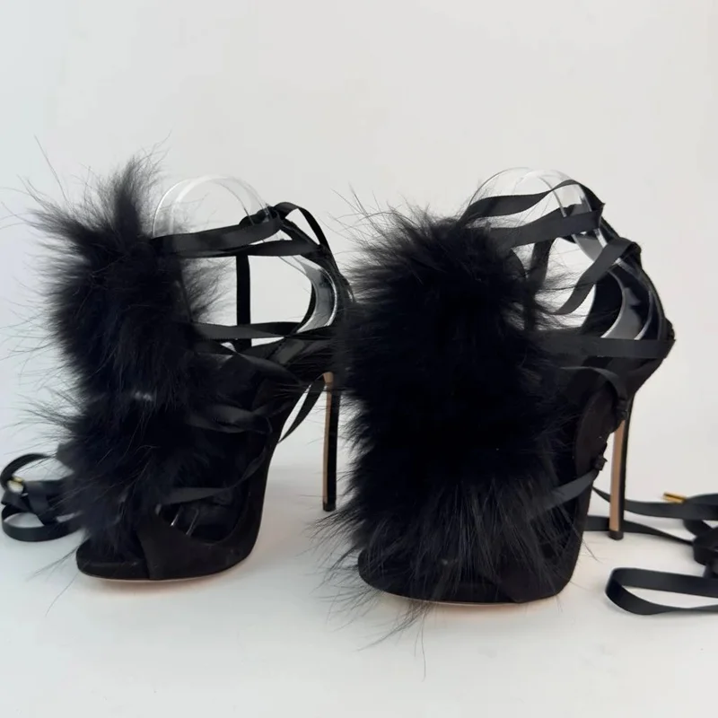 Fur Lace Up Peep Toe Hollow Ou - Street Fashion Outfit ulasan dan harga