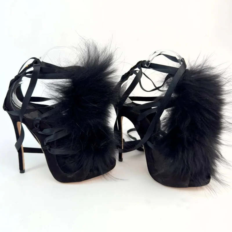 Fur Lace Up Peep Toe Hollow Ou - Street Fashion Outfit ulasan dan harga