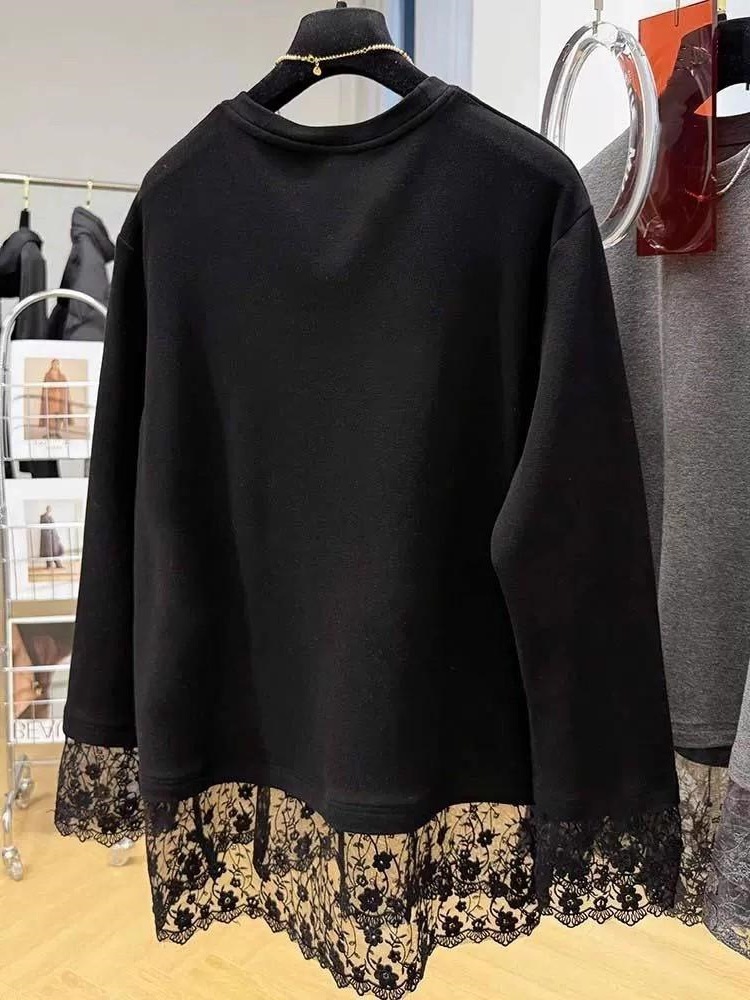 Women Lace Patchwork Long Slee - Longline Tee Oversized ulasan dan harga