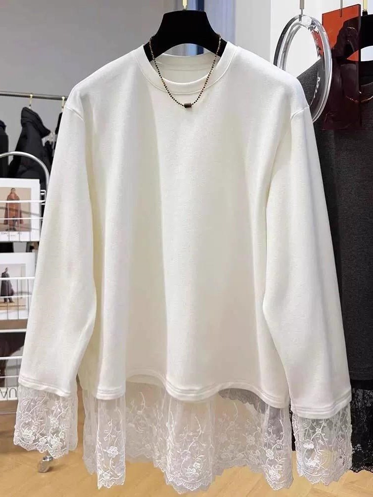 Women Lace Patchwork Long Slee - Longline Tee Oversized ulasan dan harga