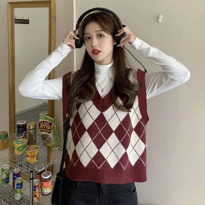 Sweater Vests Women Argyle Har - Street Fashion Of Japan ulasan dan harga