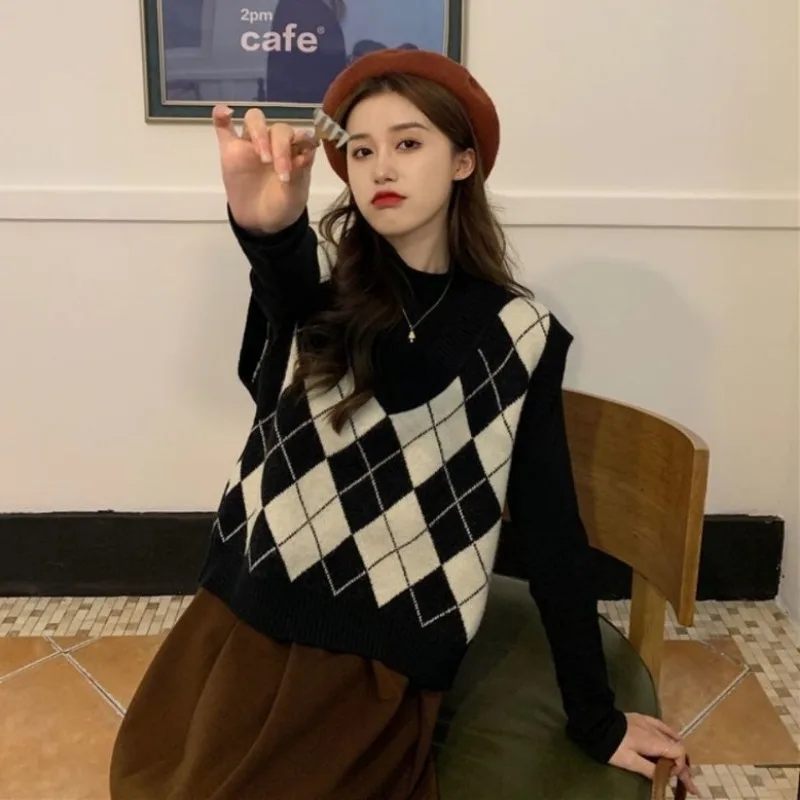 Sweater Vests Women Argyle Har - Street Fashion Of Japan ulasan dan harga