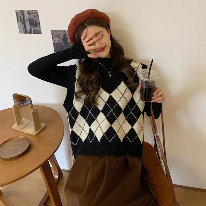 Sweater Vests Women Argyle Har - Street Fashion Of Japan ulasan dan harga